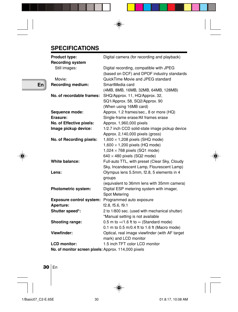 Specifications | Olympus C-2/D-230 User Manual | Page 30 / 164