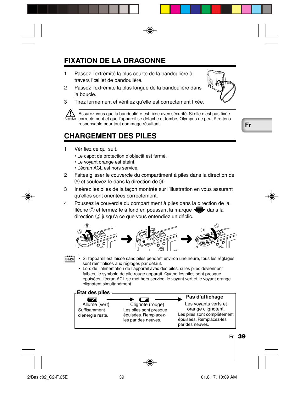 Fixation de la dragonne, Chargement des piles | Olympus C-2/D-230 User Manual | Page 39 / 164