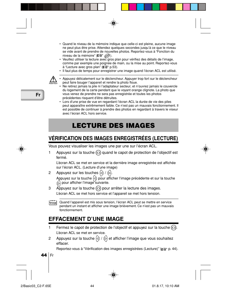 Lecture des images, Vérification des images enregistrées (lecture), Effacement d’une image | Olympus C-2/D-230 User Manual | Page 44 / 164