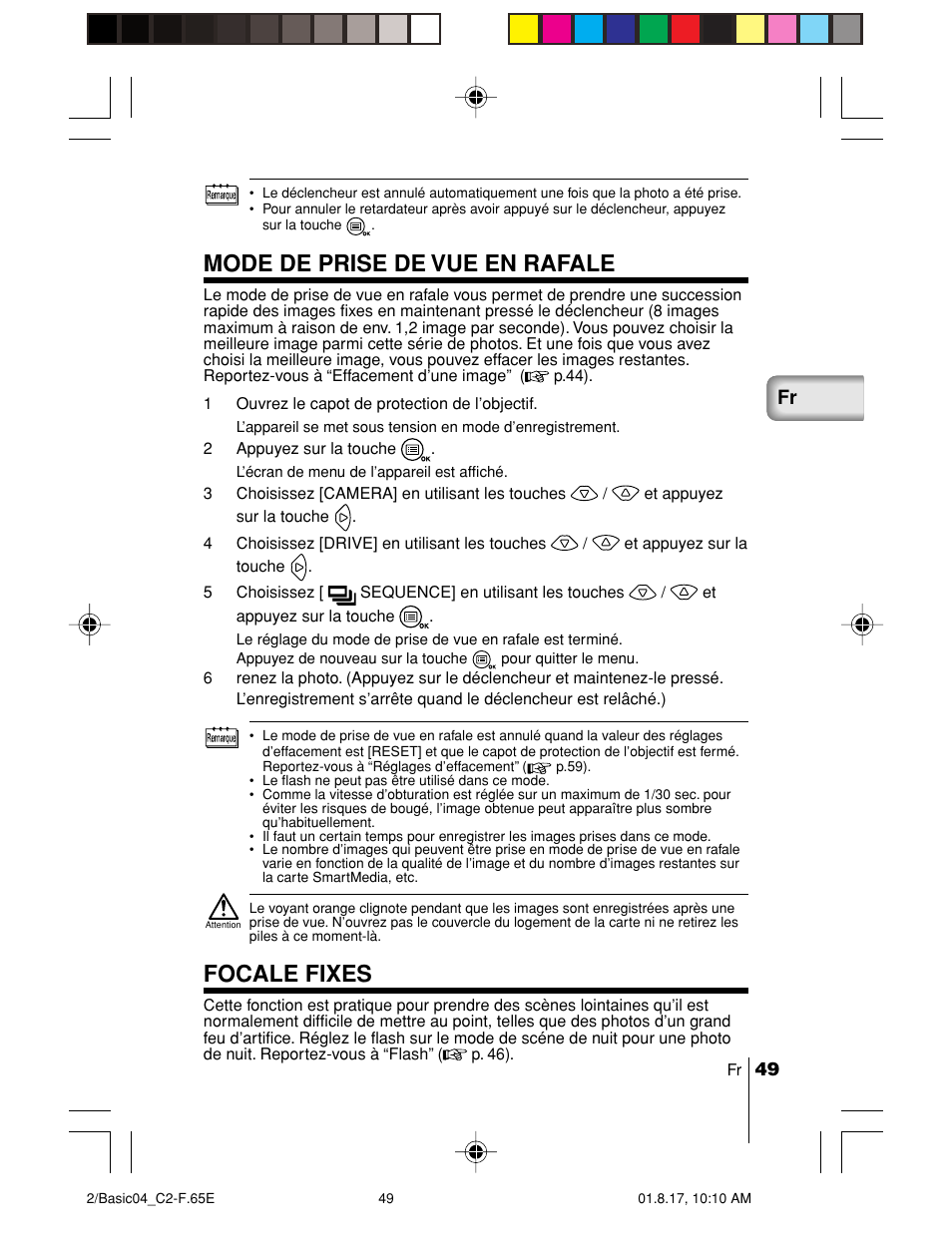 Mode de prise de vue en rafale, Focale fixes | Olympus C-2/D-230 User Manual | Page 49 / 164