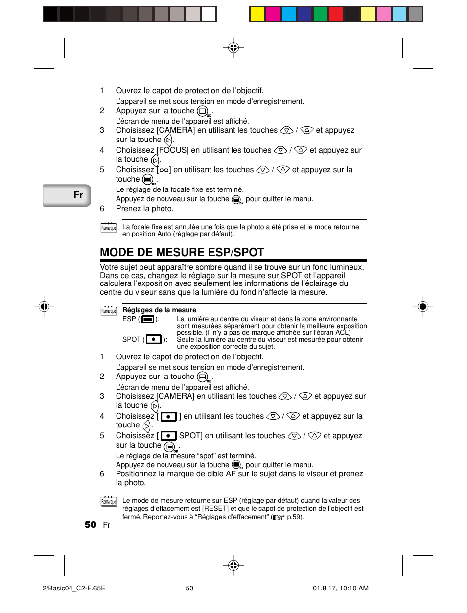 Mode de mesure esp/spot | Olympus C-2/D-230 User Manual | Page 50 / 164