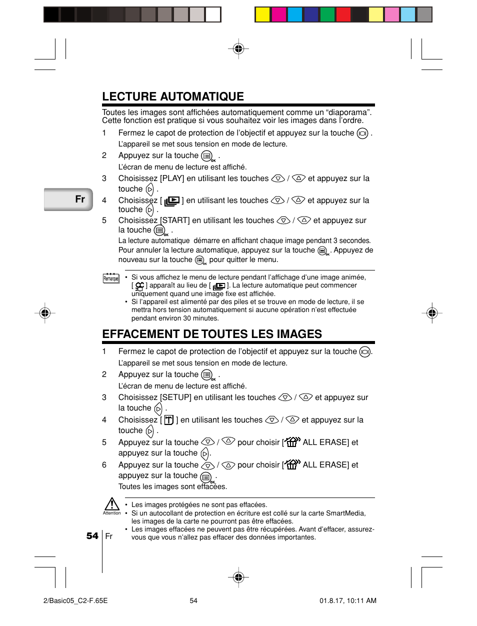 Lecture automatique, Effacement de toutes les images | Olympus C-2/D-230 User Manual | Page 54 / 164