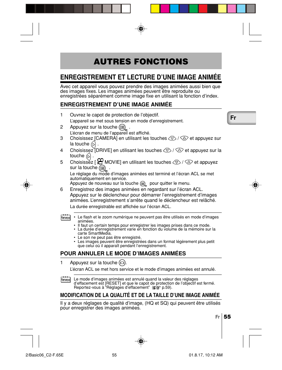 Autres fonctions, Enregistrement et lecture d’une image animée | Olympus C-2/D-230 User Manual | Page 55 / 164