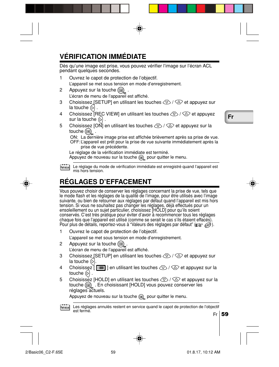 Vérification immédiate, Réglages d’effacement | Olympus C-2/D-230 User Manual | Page 59 / 164