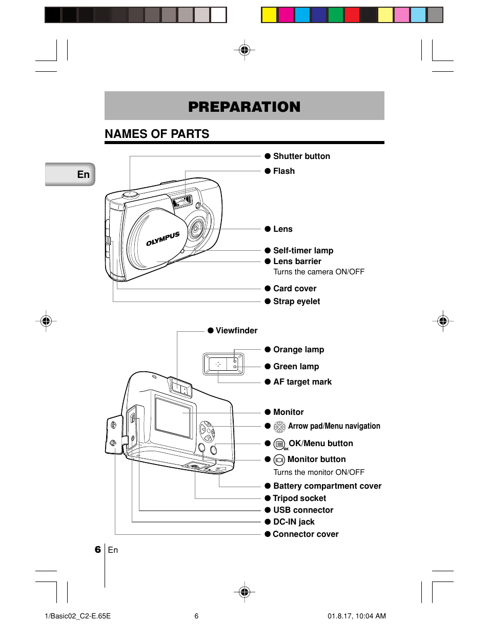 Preparation, Names of parts | Olympus C-2/D-230 User Manual | Page 6 / 164