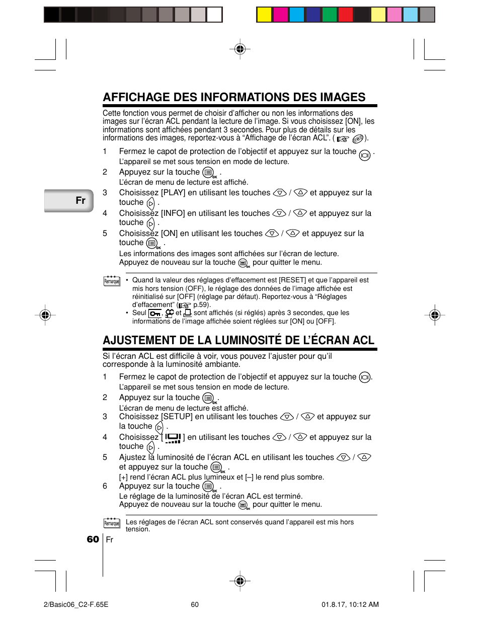 Affichage des informations des images, Ajustement de la luminosité de l’écran acl | Olympus C-2/D-230 User Manual | Page 60 / 164