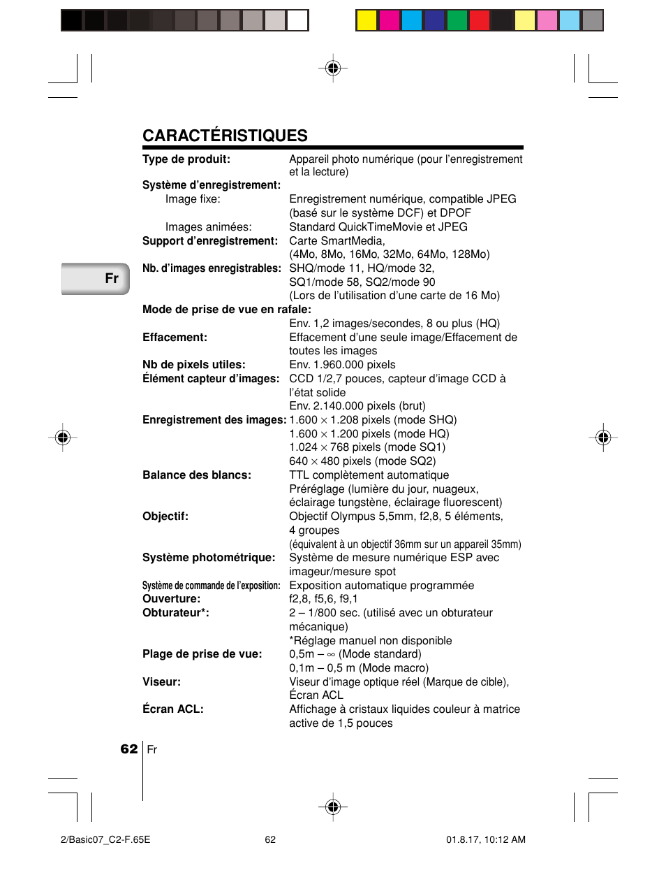 Caractéristiques | Olympus C-2/D-230 User Manual | Page 62 / 164