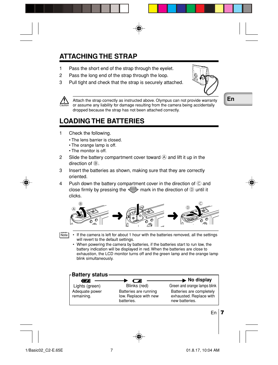 Attaching the strap, Loading the batteries | Olympus C-2/D-230 User Manual | Page 7 / 164