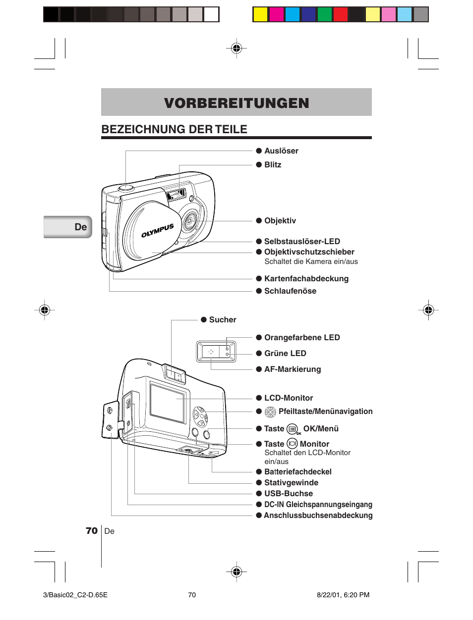 Vorbereitungen, Bezeichnung der teile | Olympus C-2/D-230 User Manual | Page 70 / 164