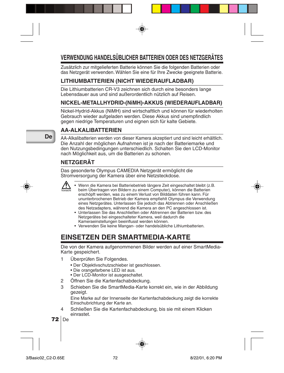 Einsetzen der smartmedia-karte | Olympus C-2/D-230 User Manual | Page 72 / 164