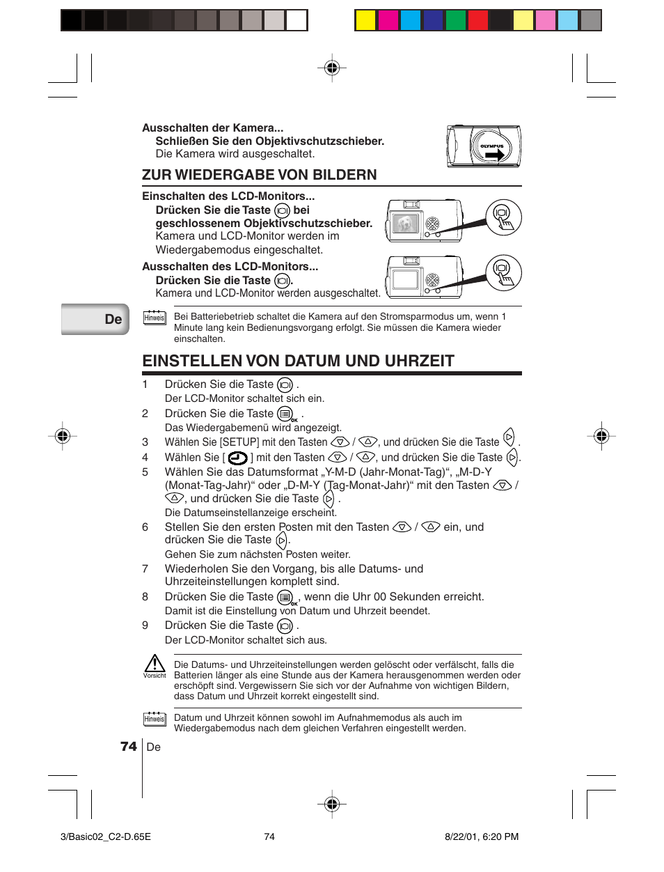 Einstellen von datum und uhrzeit, Zur wiedergabe von bildern | Olympus C-2/D-230 User Manual | Page 74 / 164