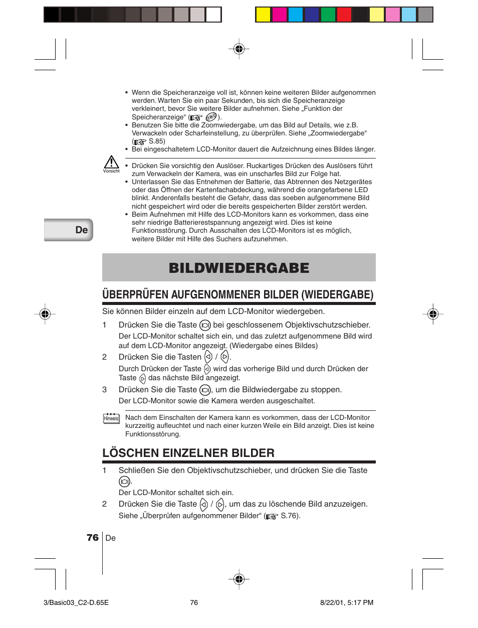 Bildwiedergabe, Überprüfen aufgenommener bilder (wiedergabe), Löschen einzelner bilder | Olympus C-2/D-230 User Manual | Page 76 / 164