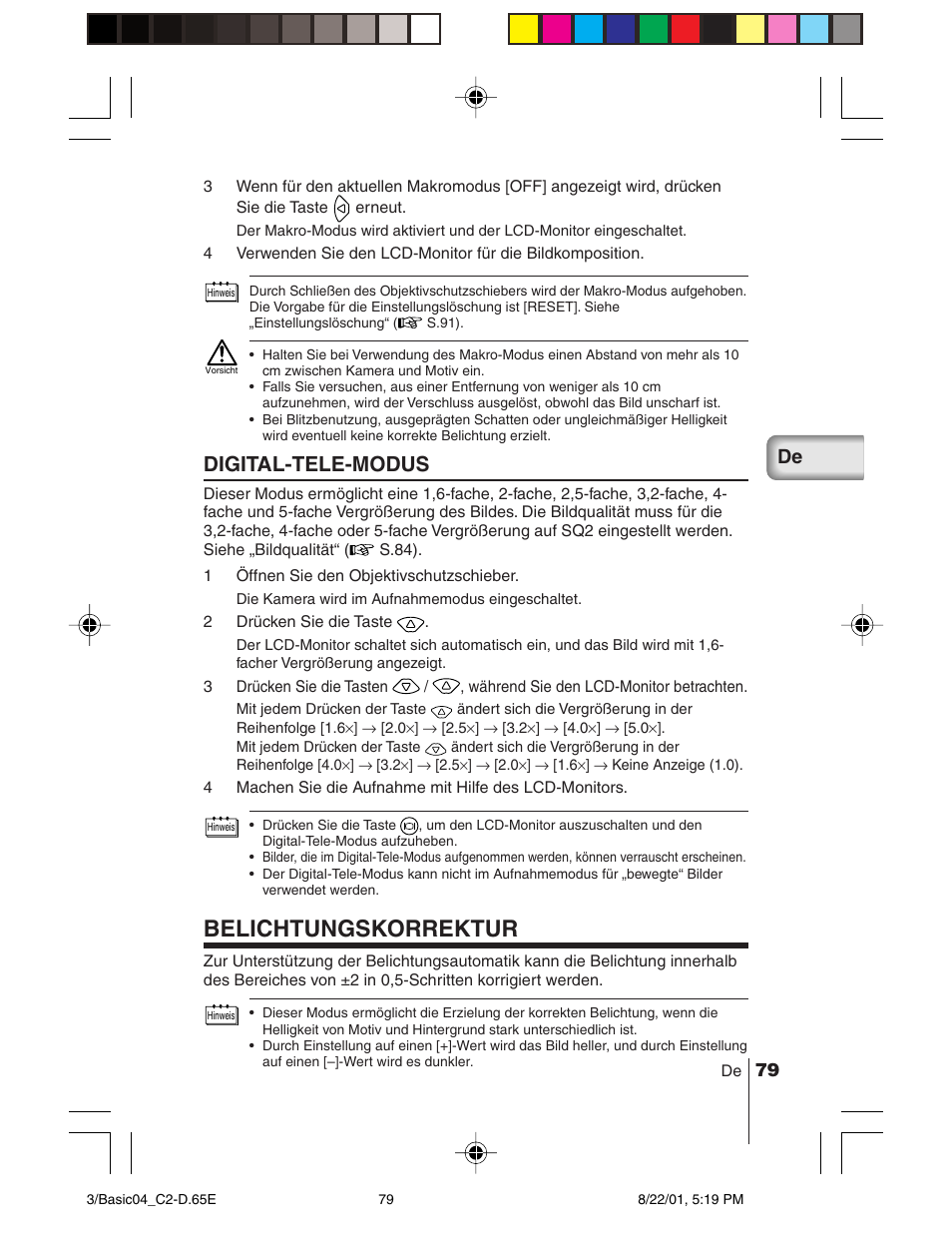 Belichtungskorrektur, Digital-tele-modus | Olympus C-2/D-230 User Manual | Page 79 / 164