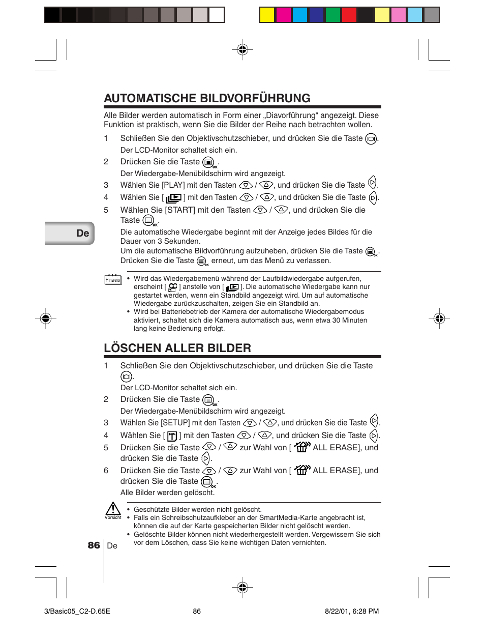 Automatische bildvorführung, Löschen aller bilder | Olympus C-2/D-230 User Manual | Page 86 / 164