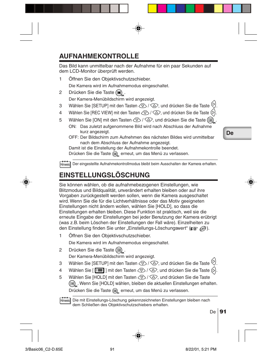 Aufnahmekontrolle, Einstellungslöschung | Olympus C-2/D-230 User Manual | Page 91 / 164