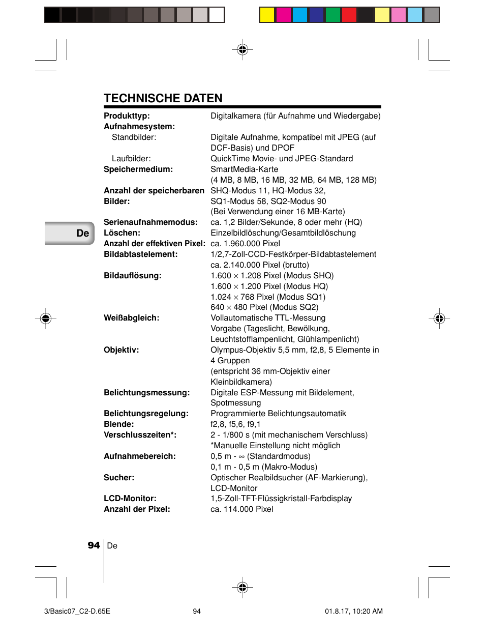 Technische daten | Olympus C-2/D-230 User Manual | Page 94 / 164