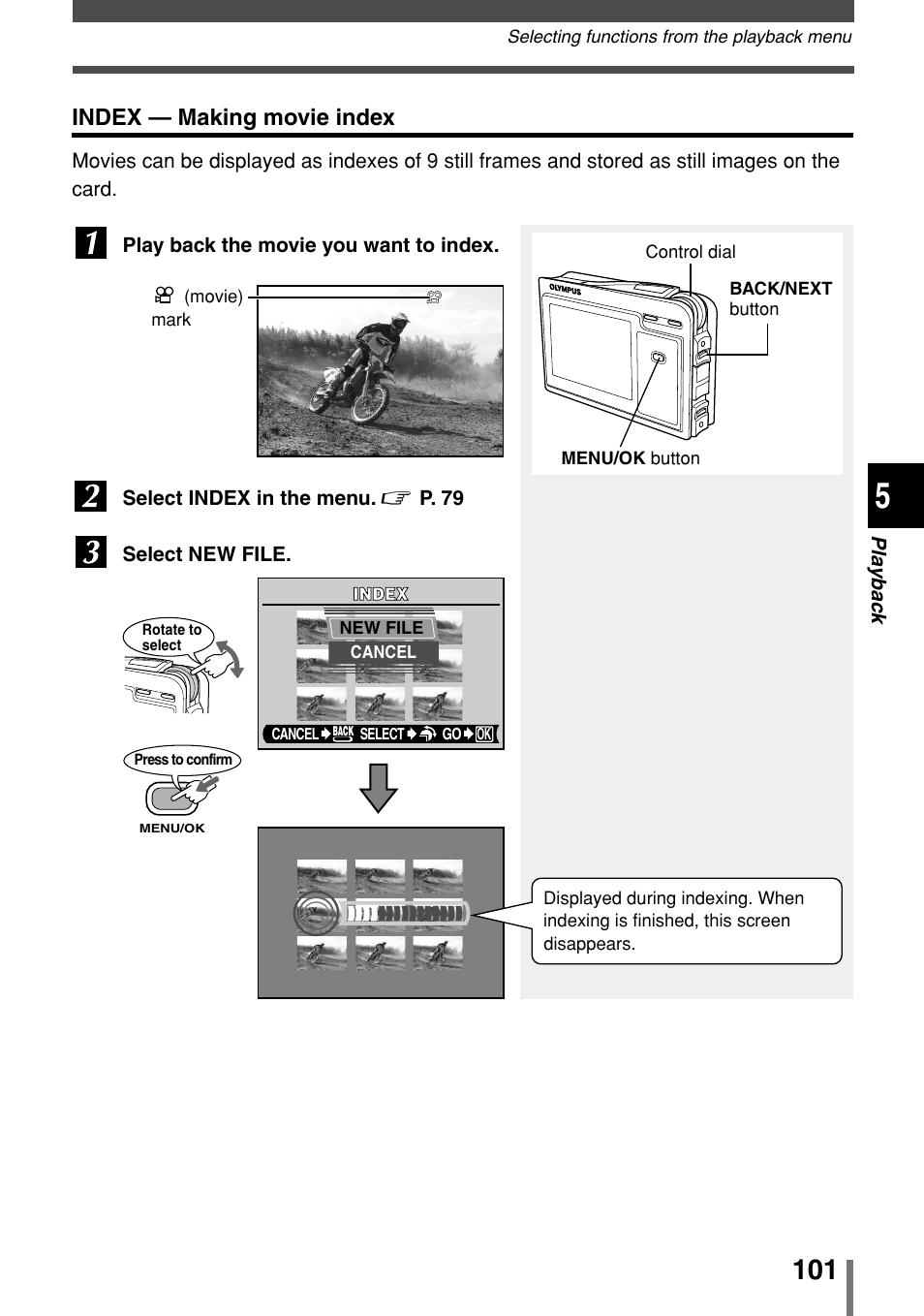 Index — making movie index | Olympus 2004 User Manual | Page 101 / 211