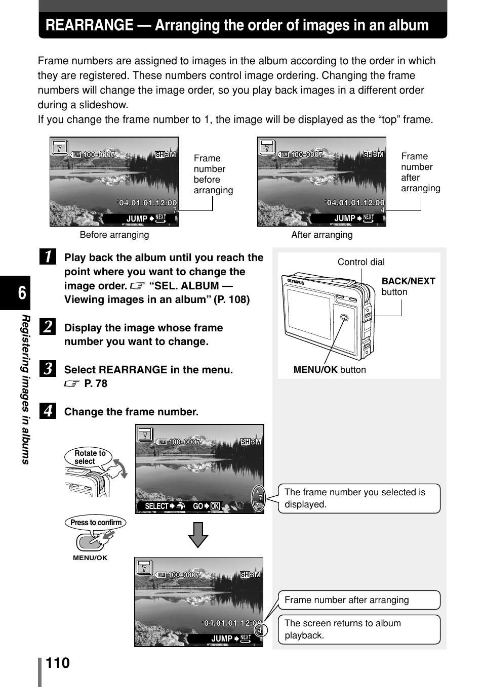 Registering ima g es in alb ums, P. 78 change the frame number | Olympus 2004 User Manual | Page 110 / 211