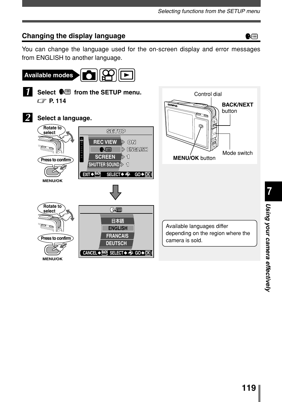 Changing the display language | Olympus 2004 User Manual | Page 119 / 211