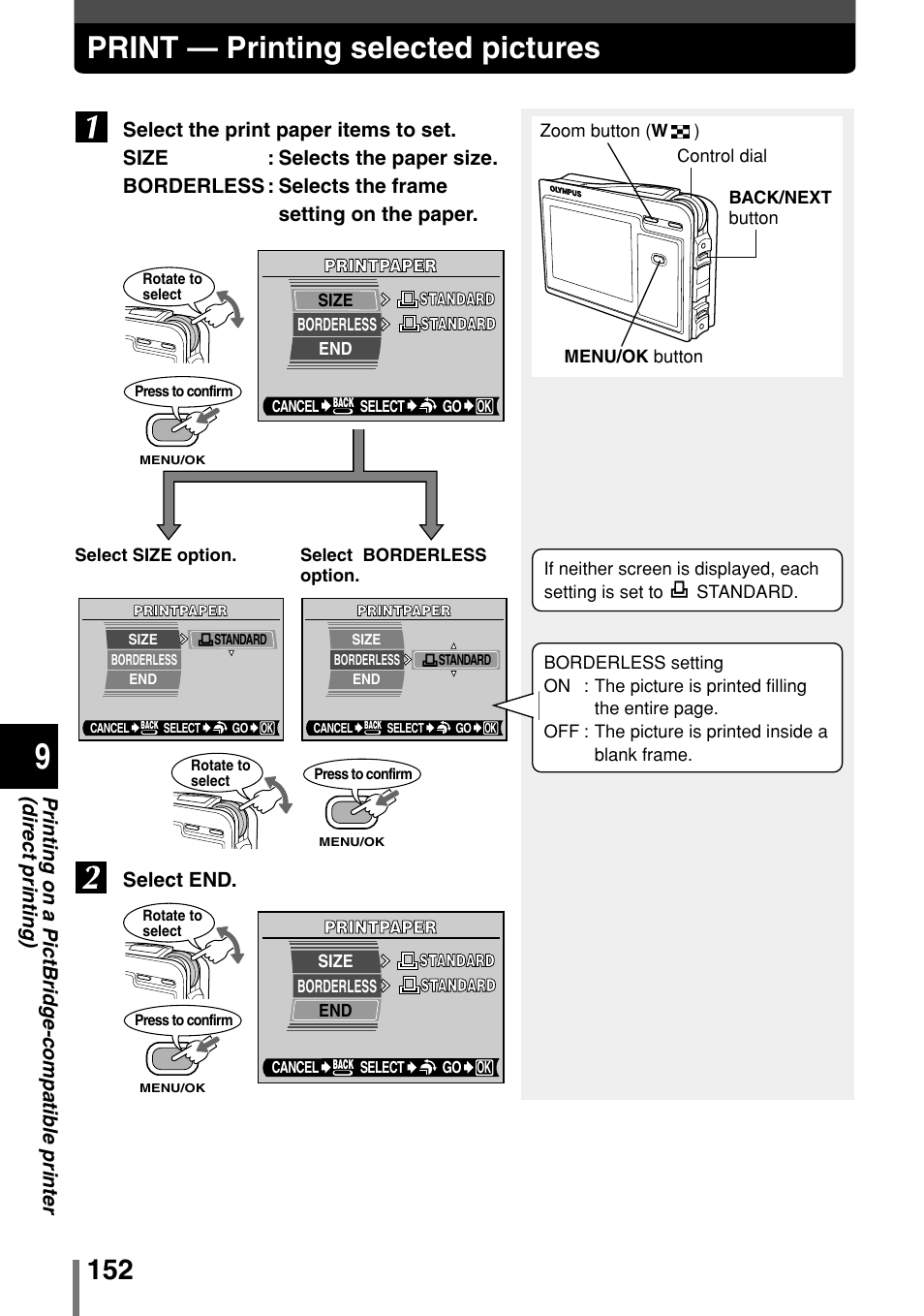 Print — printing selected pictures, Select end | Olympus 2004 User Manual | Page 152 / 211