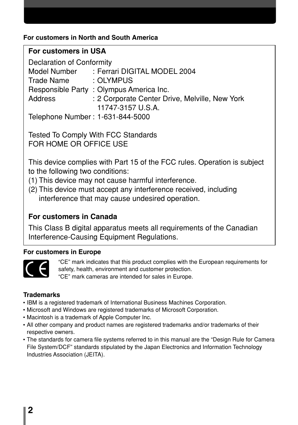 Legal and other notices | Olympus 2004 User Manual | Page 2 / 211