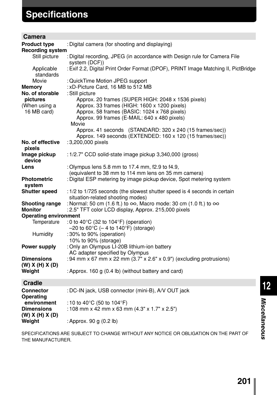 Specifications, Specifications . . . . p. 201 | Olympus 2004 User Manual | Page 201 / 211