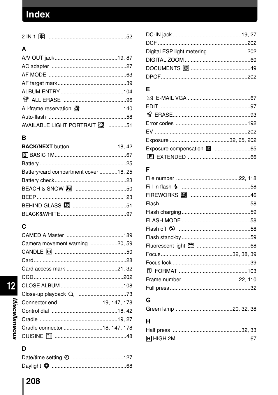 Index, Index . . . . p. 208 | Olympus 2004 User Manual | Page 208 / 211
