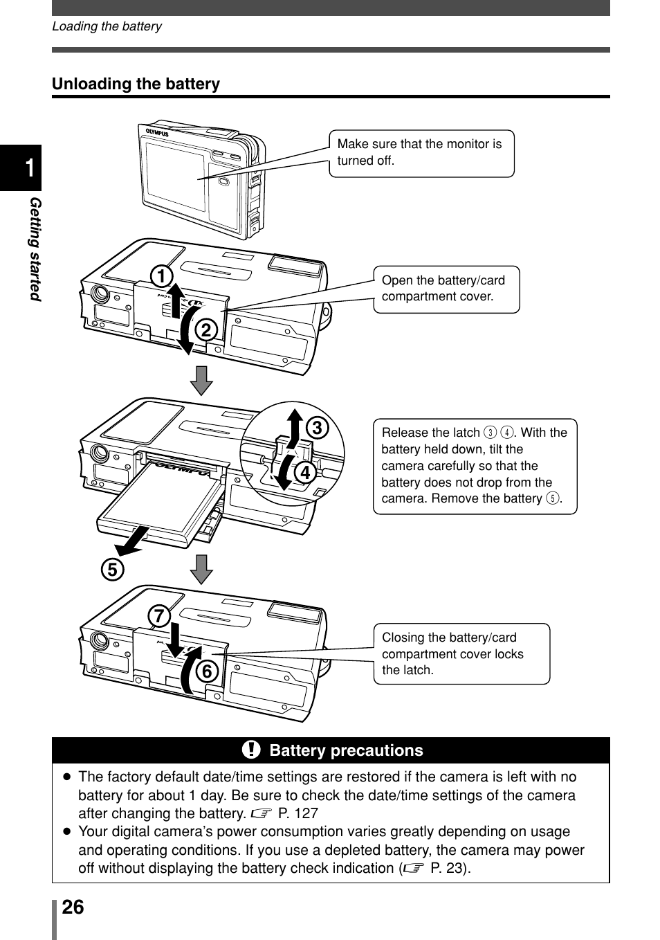 Unloading the battery | Olympus 2004 User Manual | Page 26 / 211