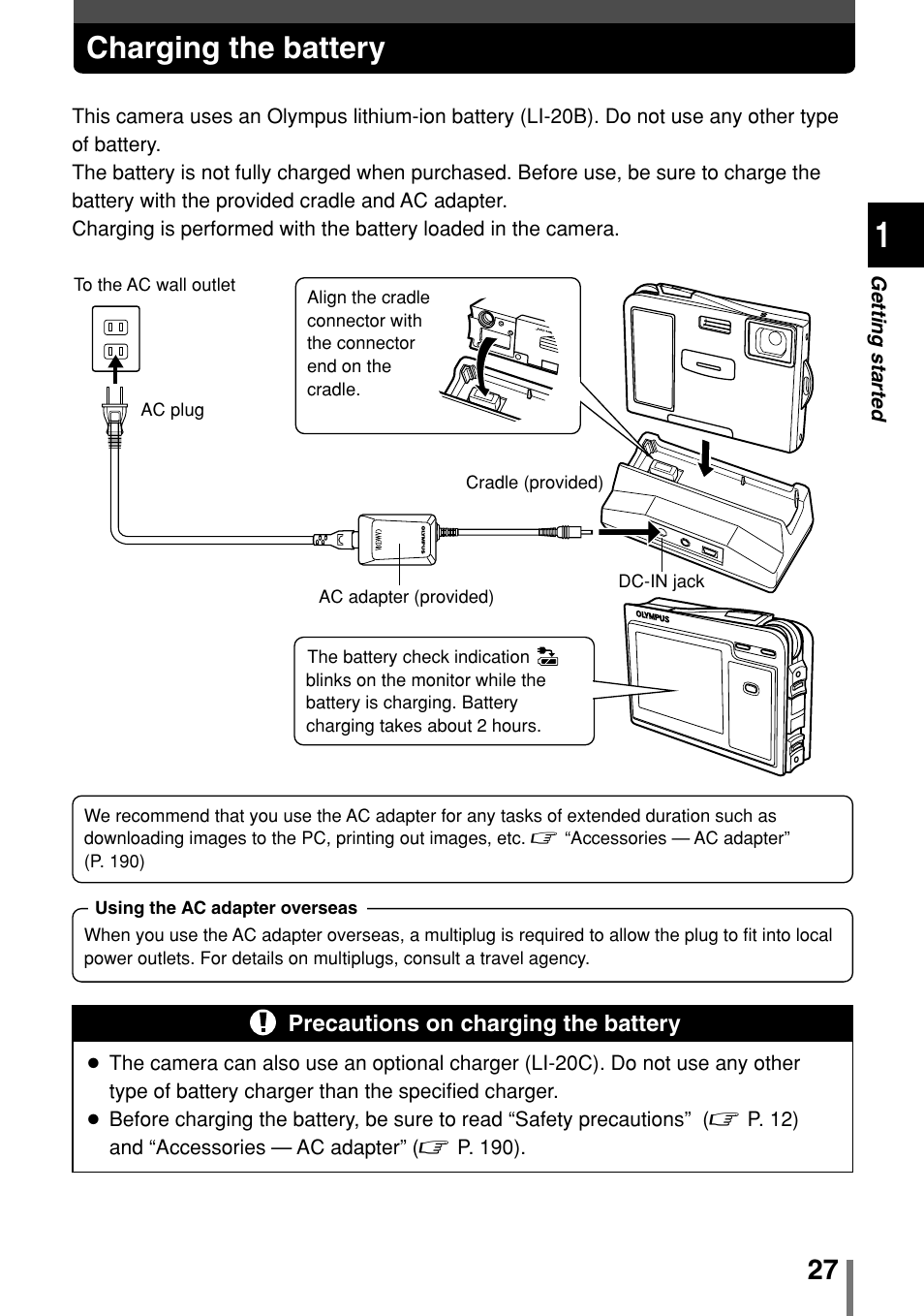 Charging the battery | Olympus 2004 User Manual | Page 27 / 211