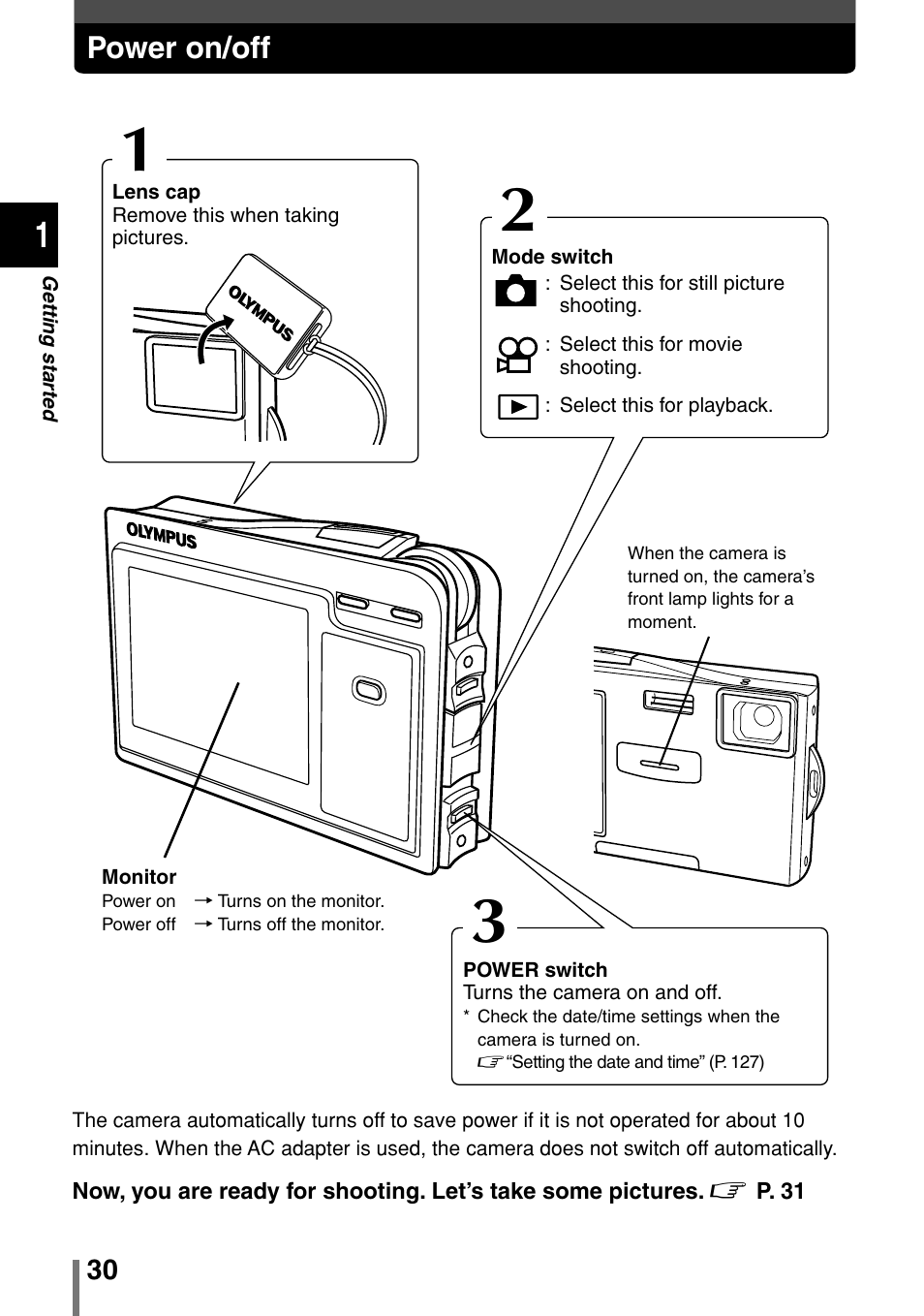 Power on/off | Olympus 2004 User Manual | Page 30 / 211