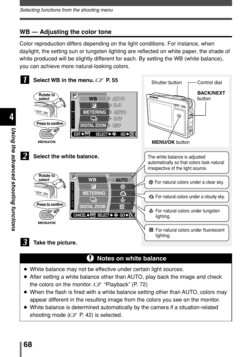 Wb — adjusting the color tone | Olympus 2004 User Manual | Page 68 / 211