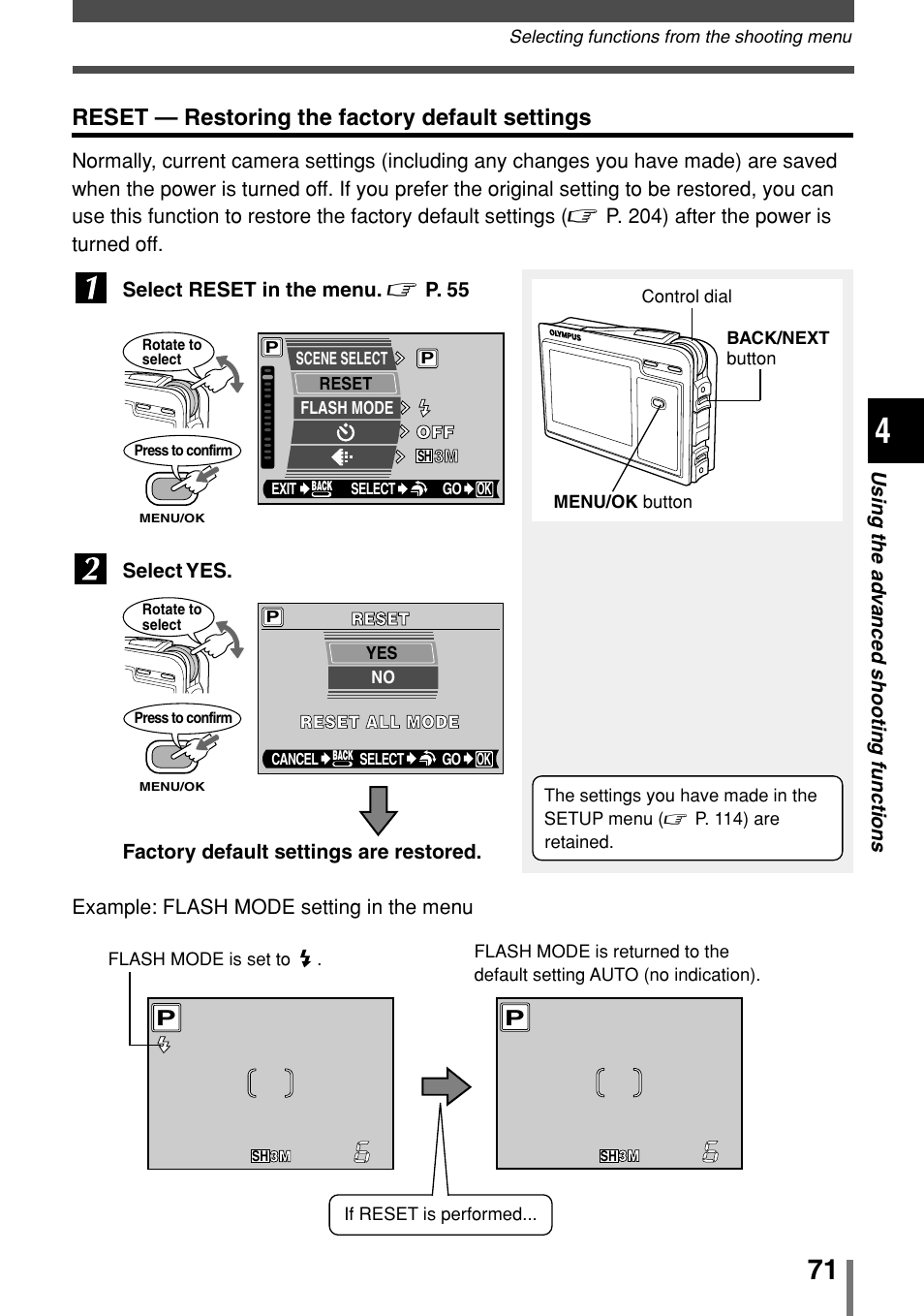 Reset — restoring the factory default settings | Olympus 2004 User Manual | Page 71 / 211