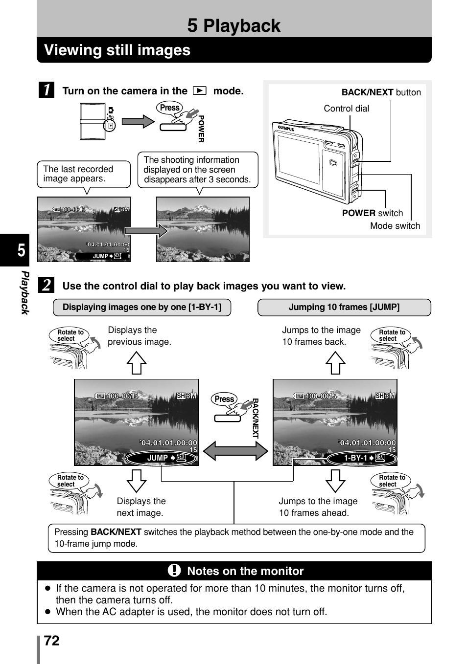 5 playback, Viewing still images, Playback | P. 72, Pla ybac k | Olympus 2004 User Manual | Page 72 / 211