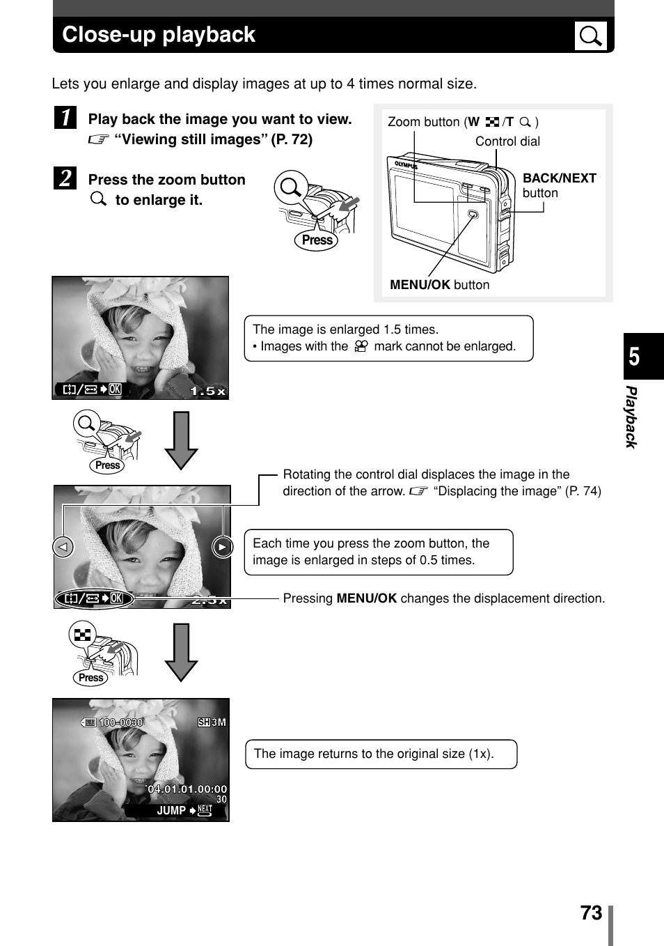 Close-up playback | Olympus 2004 User Manual | Page 73 / 211