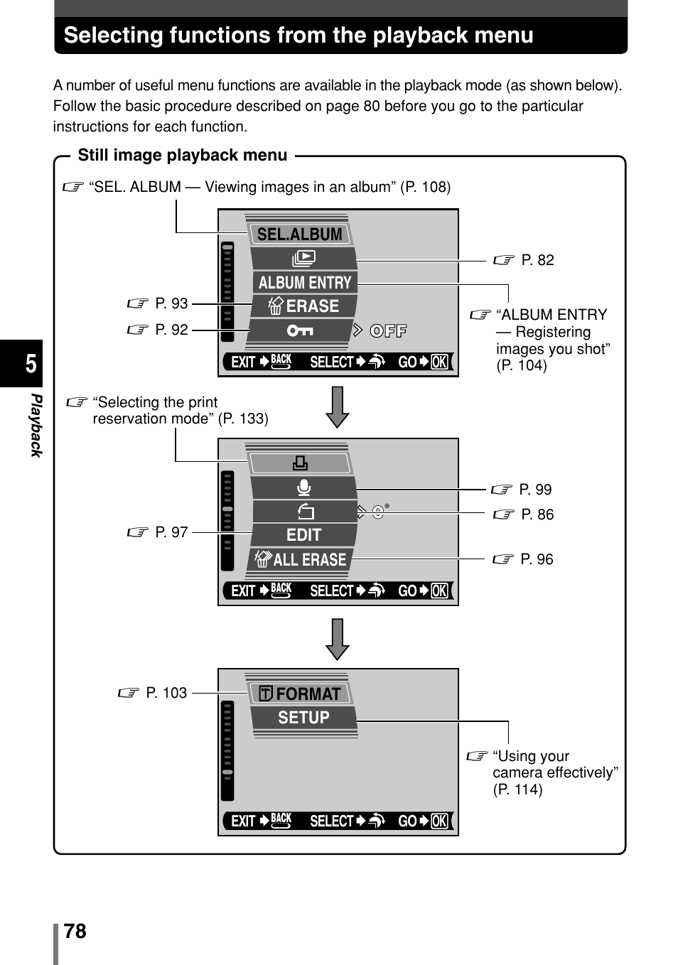 Selecting functions from the playback menu | Olympus 2004 User Manual | Page 78 / 211