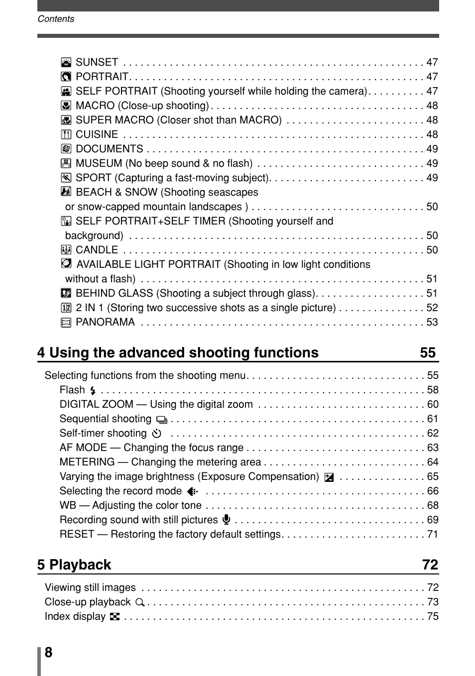 4 using the advanced shooting functions 55, 5 playback 72 | Olympus 2004 User Manual | Page 8 / 211