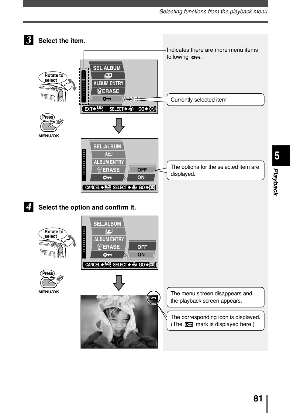 Pla ybac k, Select the item. select the option and confirm it | Olympus 2004 User Manual | Page 81 / 211