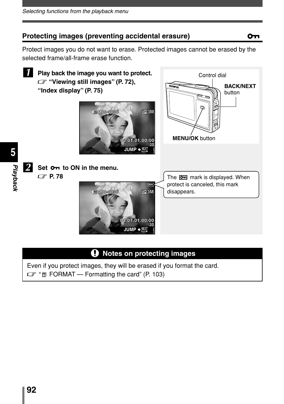 Protecting images (preventing accidental erasure) | Olympus 2004 User Manual | Page 92 / 211