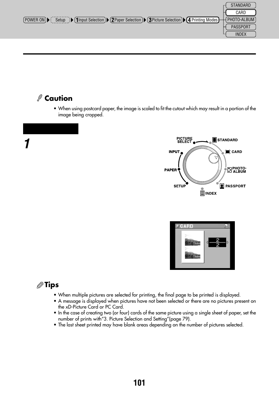 Card printing, Caution, Tips | Olympus CAMEDIA P-440 User Manual | Page 101 / 156