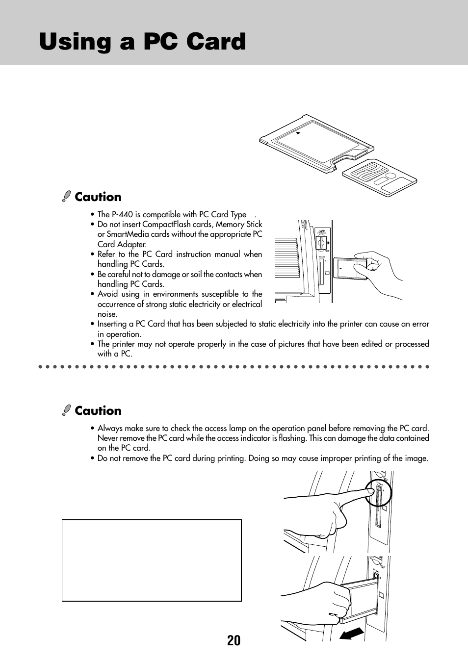 Using a pc card, Caution | Olympus CAMEDIA P-440 User Manual | Page 20 / 156