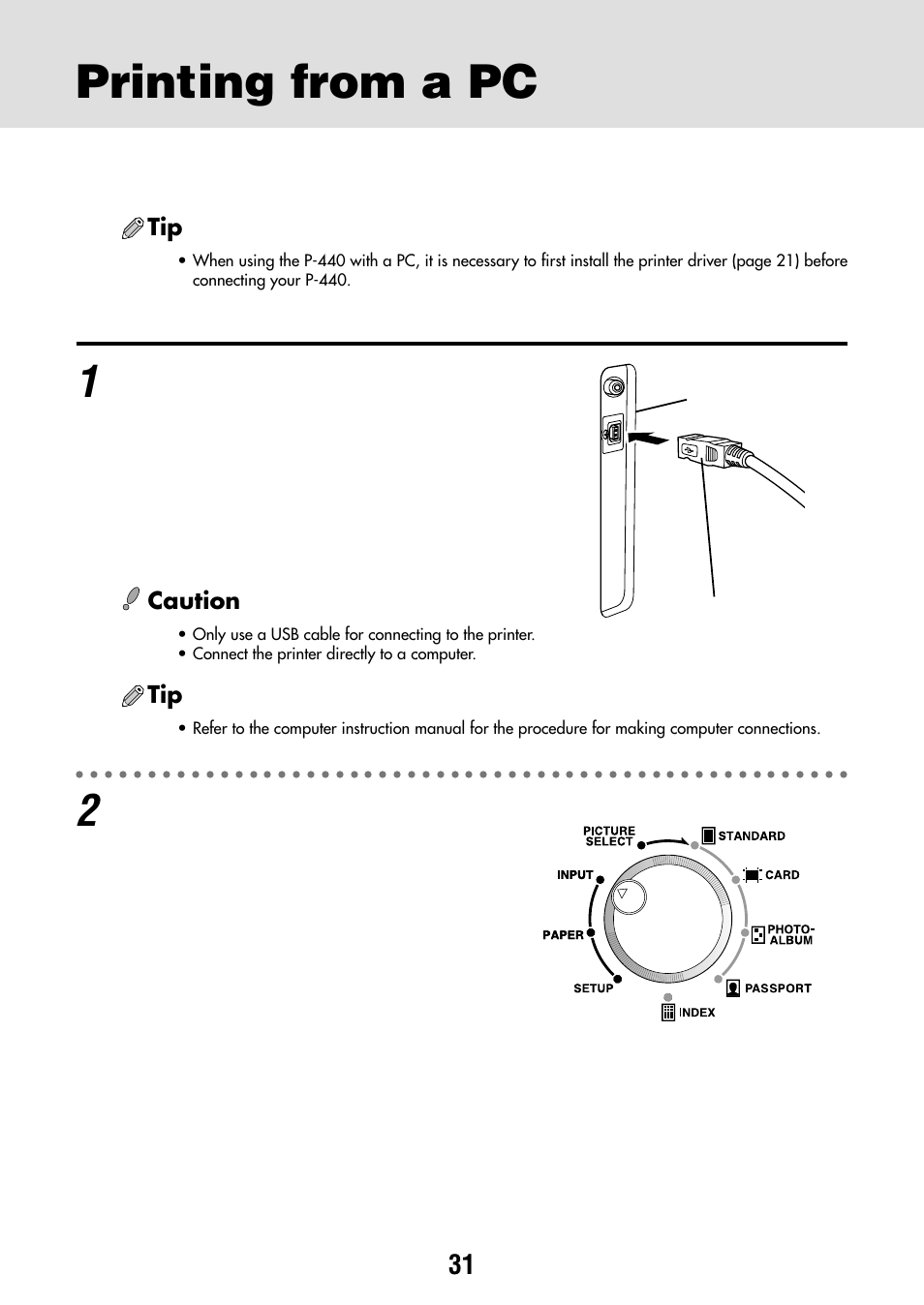 Printing from a pc, Preparing the p-440 for printing | Olympus CAMEDIA P-440 User Manual | Page 31 / 156