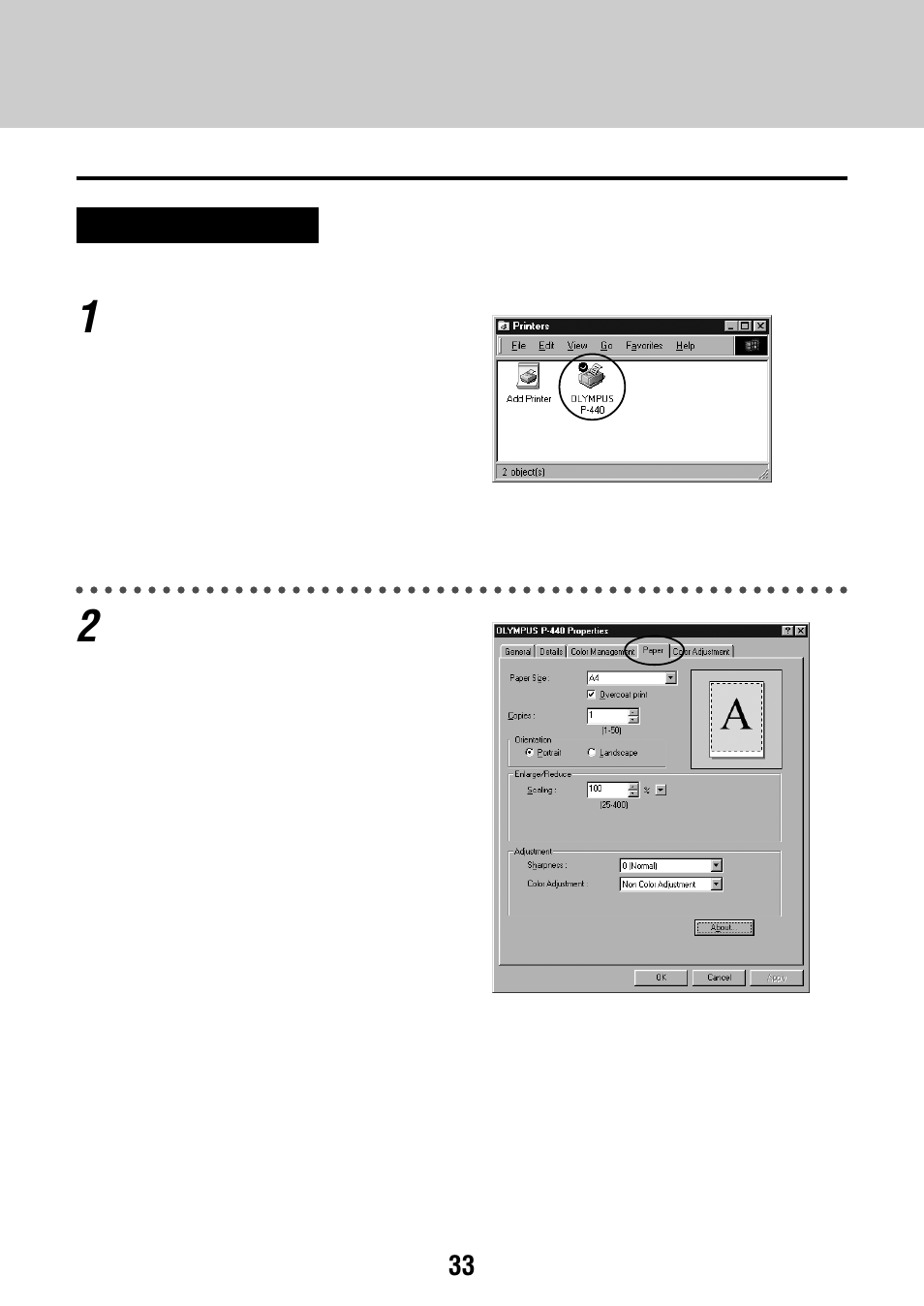 Setting printer settings from a pc | Olympus CAMEDIA P-440 User Manual | Page 33 / 156