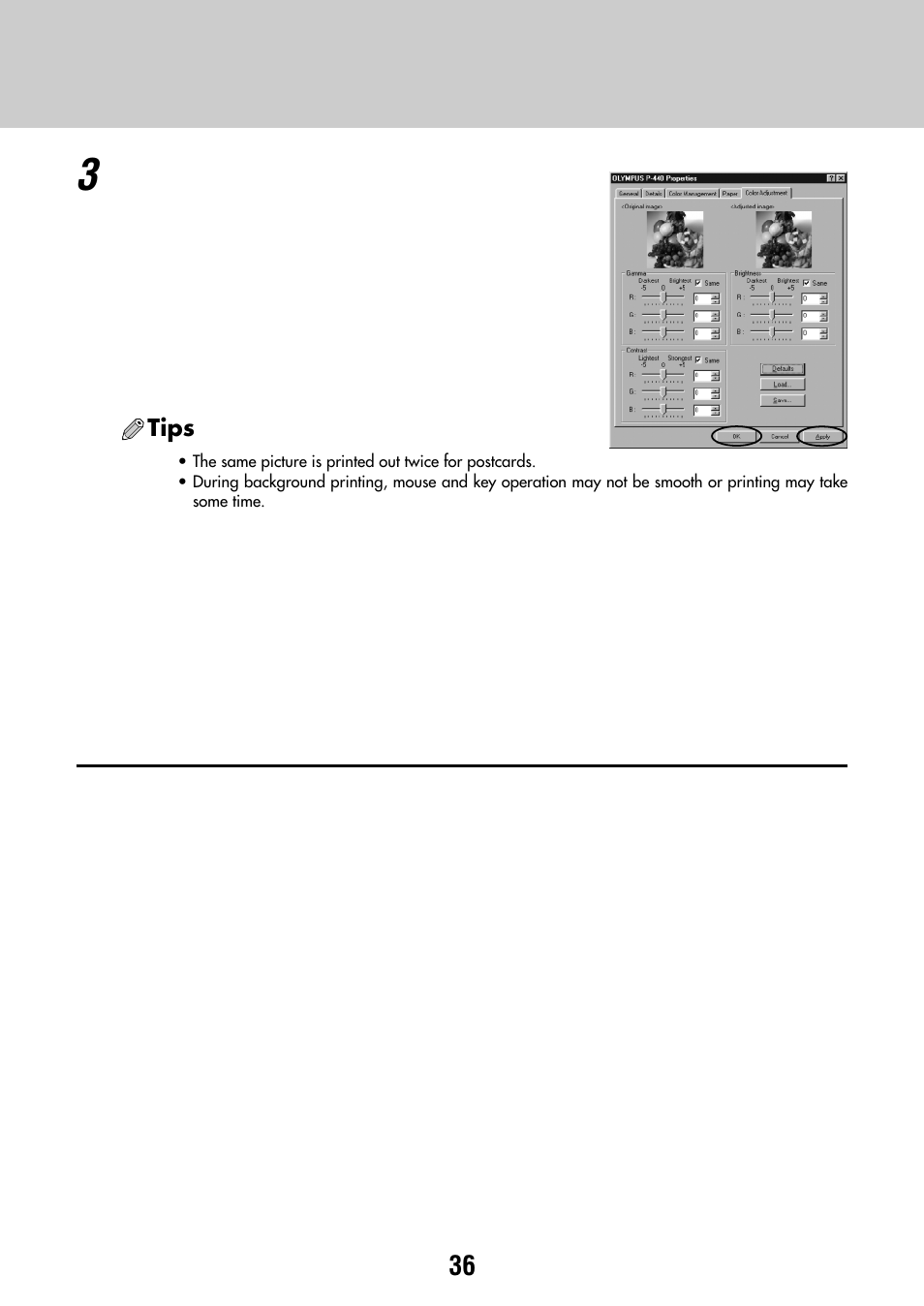 Precautions regarding the printer driver | Olympus CAMEDIA P-440 User Manual | Page 36 / 156