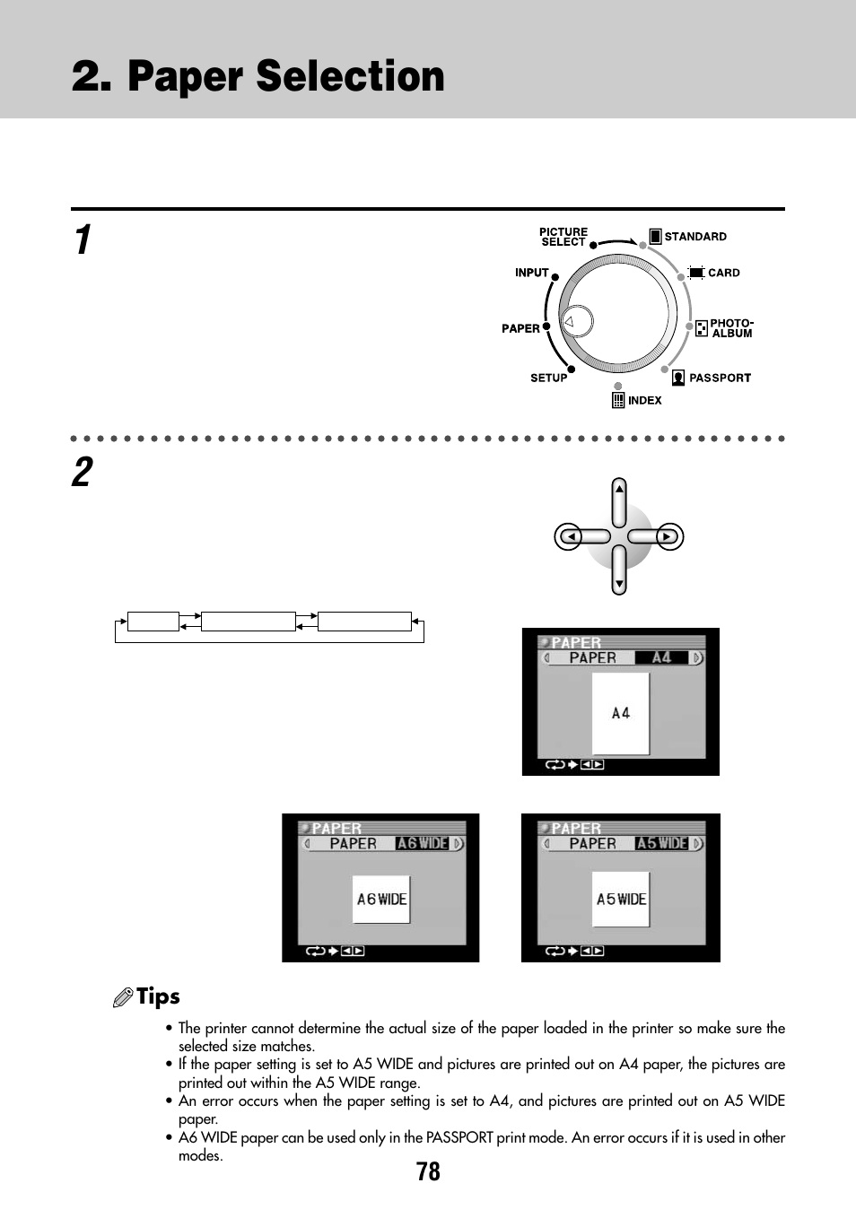 Paper selection, Setting the paper | Olympus CAMEDIA P-440 User Manual | Page 78 / 156