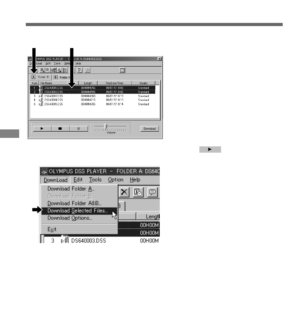 Selected file downloading procedure | Olympus DS-320 User Manual | Page 50 / 60