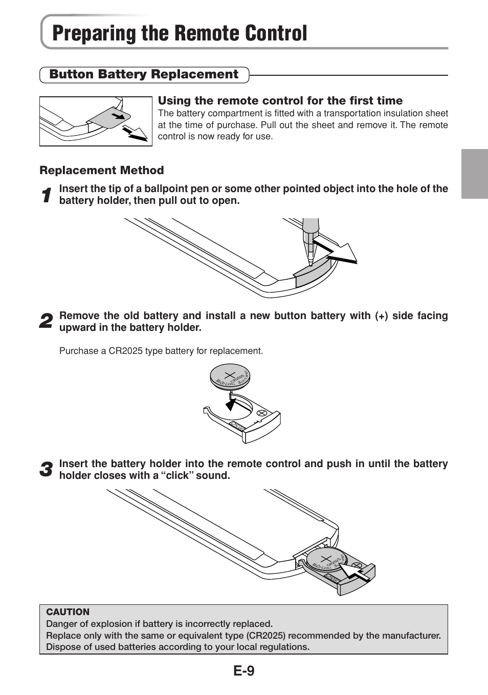 Preparing the remote control, Button battery replacement, Using the remote control for the first time | Replacement method, Purchase a cr2025 type battery for replacement | Olympus VP--1 User Manual | Page 10 / 42