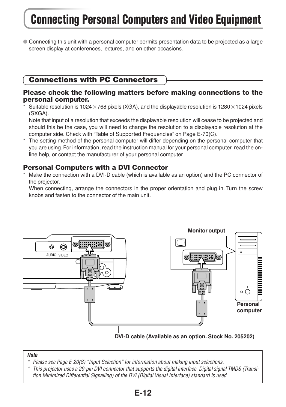 Connecting personal computers and video equipment, E-12, Connections with pc connectors | Olympus VP--1 User Manual | Page 13 / 42