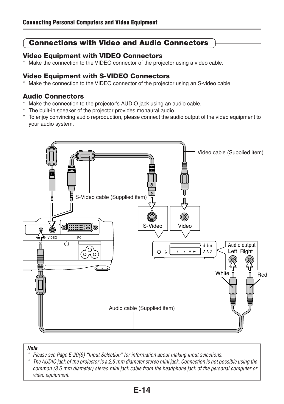 E-14, Connections with video and audio connectors, Video equipment with video connectors | Video equipment with s-video connectors, Audio connectors | Olympus VP--1 User Manual | Page 15 / 42