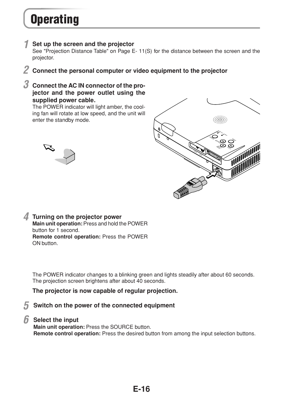 Operating, E-16, Turning on the projector power | Set up the screen and the projector | Olympus VP--1 User Manual | Page 17 / 42