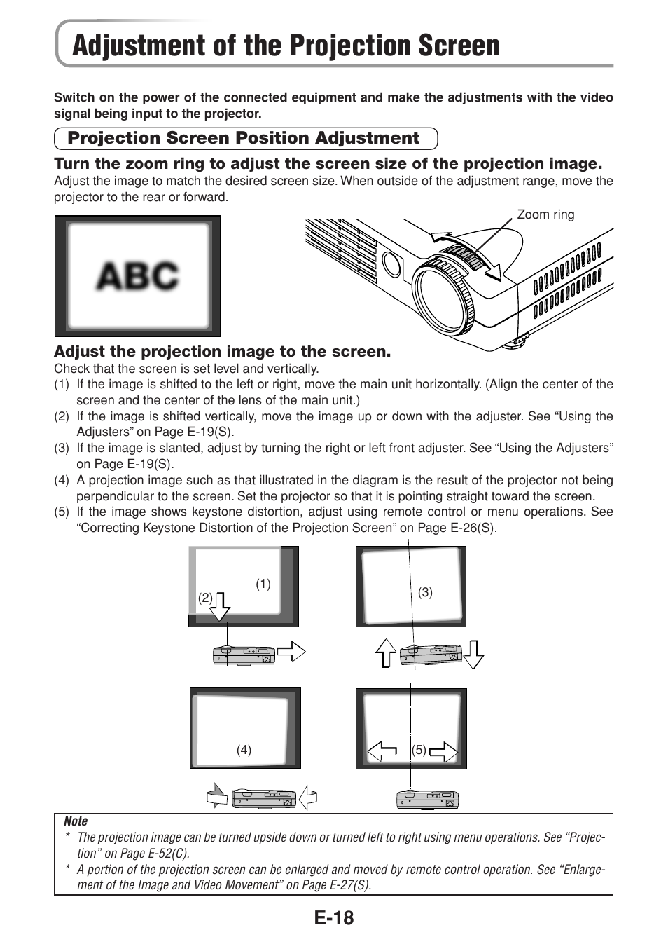 Adjustment of the projection screen, E-18, Projection screen position adjustment | Olympus VP--1 User Manual | Page 19 / 42